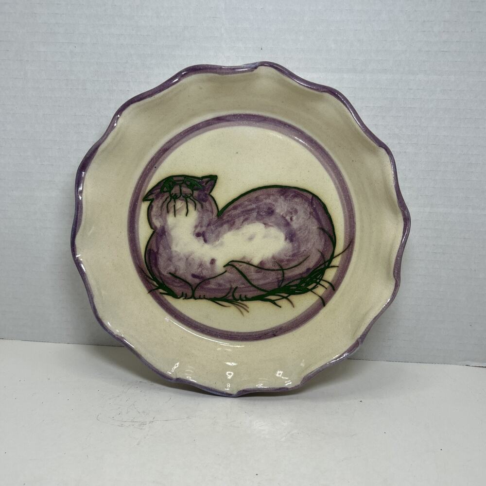 Art Pottery Pie Dish Purple Kitty Cat Ruffled Edge Signed Ceramic 10" Plate